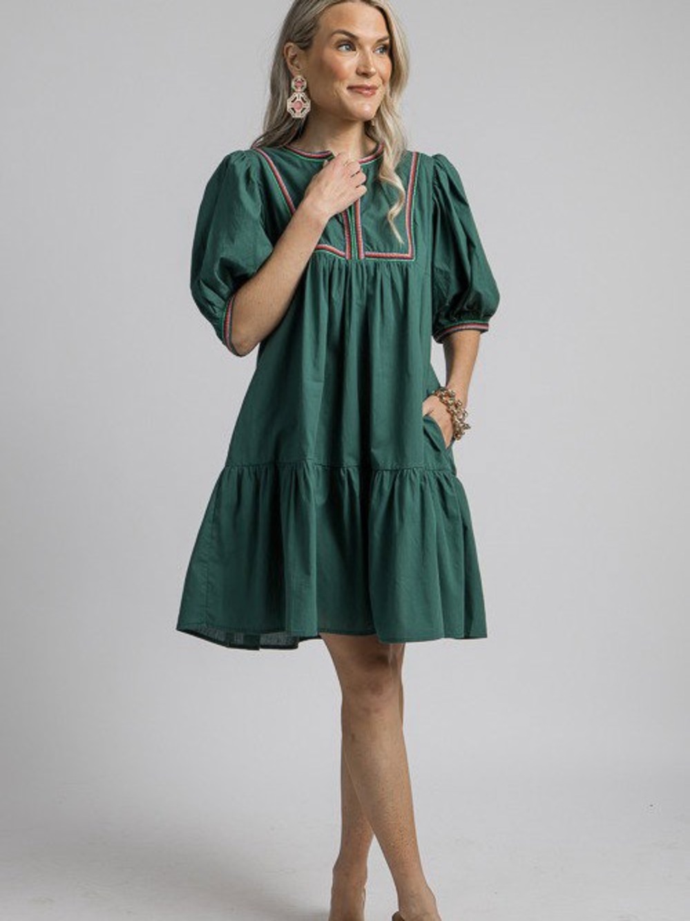 Pinch Meadow Tiered Mini Dress in Hunter Green, Embroidered Cotton. SMALL NWOT - Picture 4 of 17